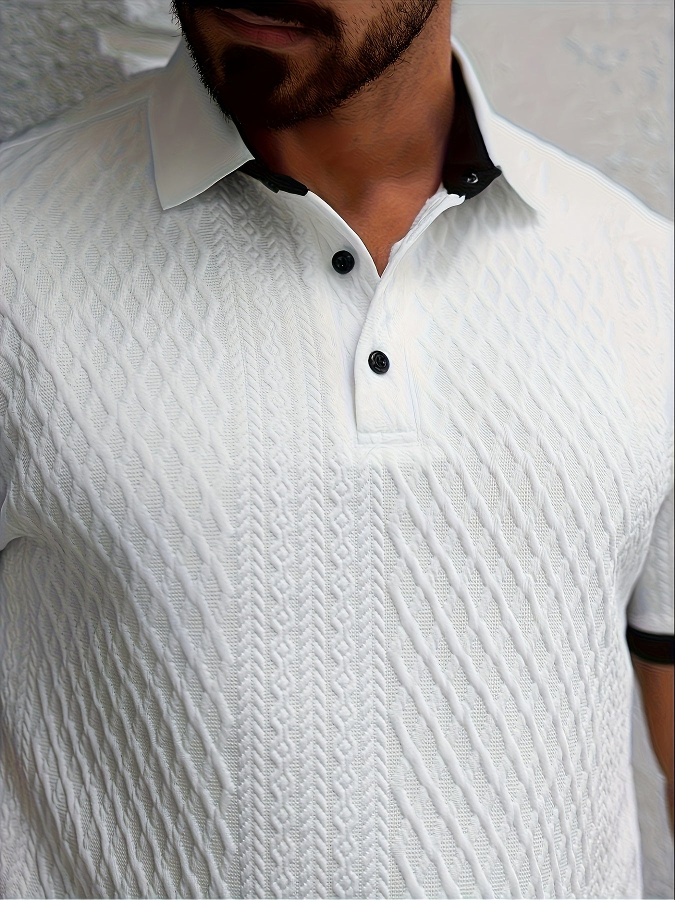 Men'S Stylish Two-Tone Polo Shirt - Soft, Breathable Fabric with Jacquard Design, Short Sleeve, Button-Up Collar - Perfect for Business, Outdoor, and Casual Wear