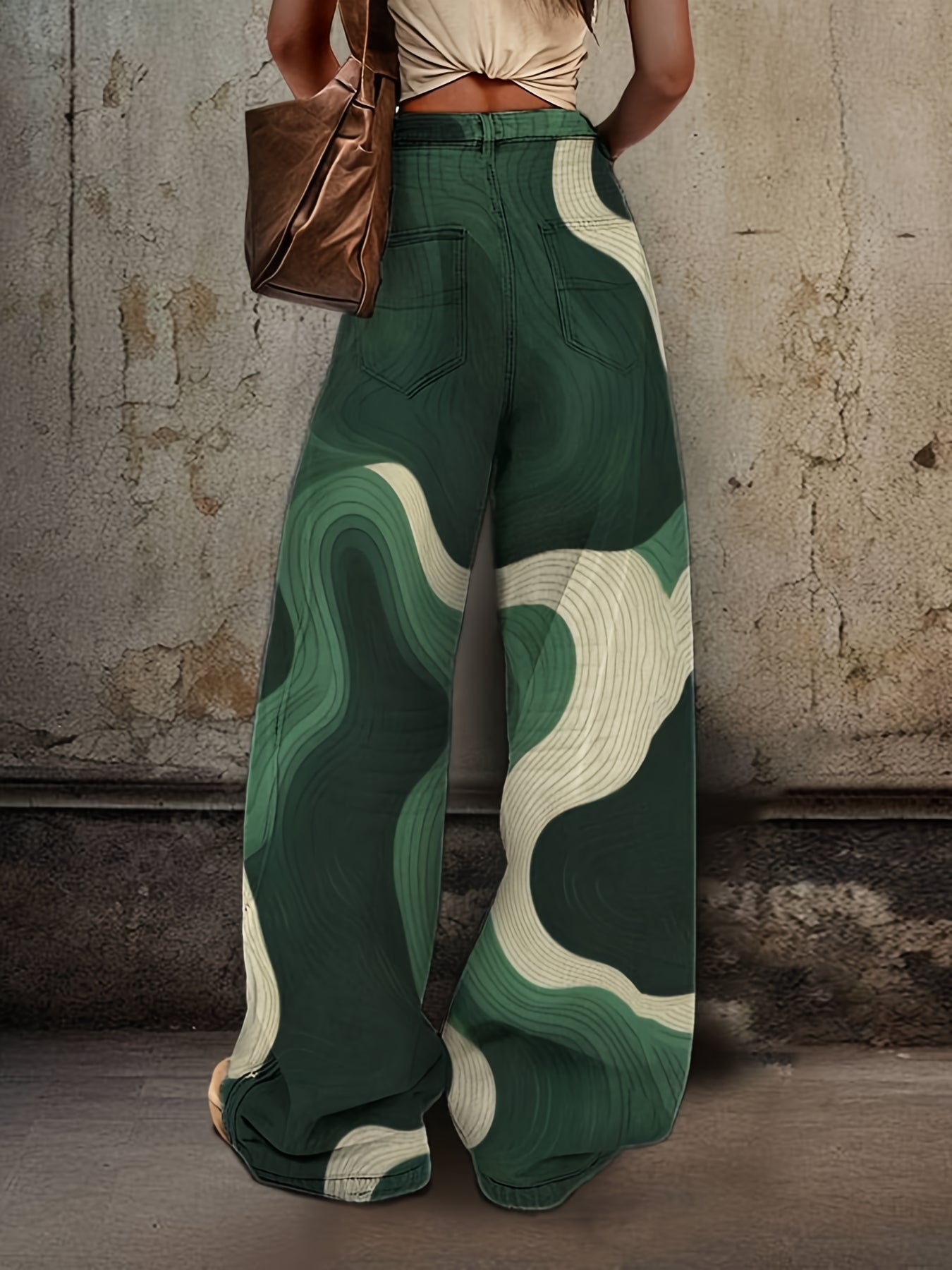 1 Pair of Women'S Denim High Waist Loose Pants, Casual Style, Creative Wave Stripe Print, Polyester Fabric, Regular Fit Loose Jeans for Adults, Suitable for All Seasons