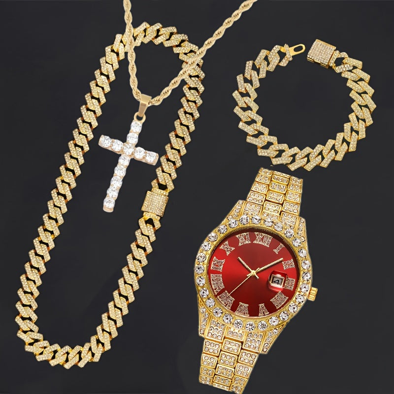 4pcs/set, Men's Rhinestone Wrist Watch & Cross Pendent Jewelry Set, For Men/Women