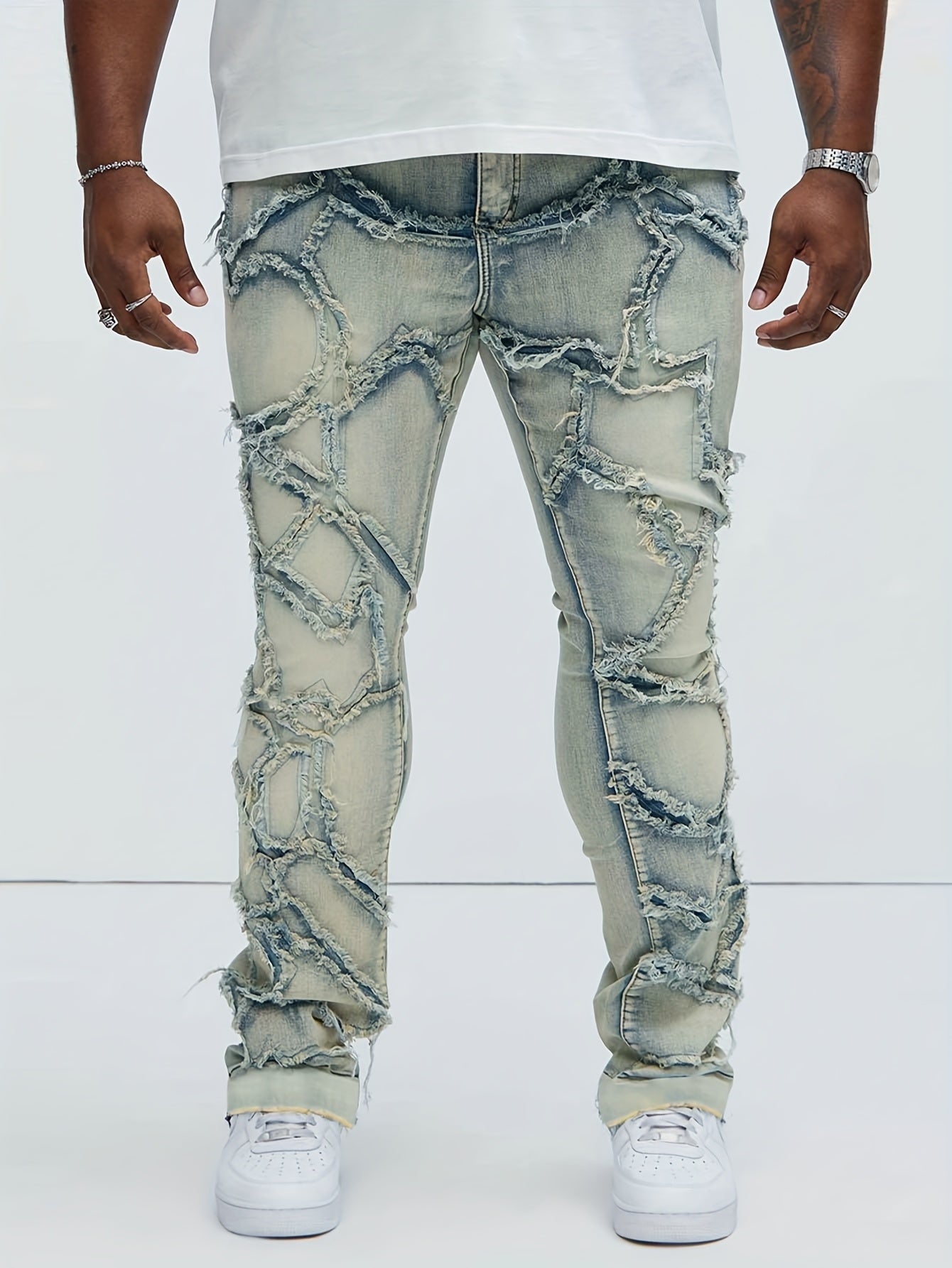 Men's Slim-Fit Washed Distressed Jeans with Mid-Rise & Multi-Pocket Design - Mid-Stretch Micro-Flare Denim Pants for All-Season Comfort, Machine Washable Casual Trousers, Relaxed Fit Bottoms, Modern Streetwear, Durable Constr