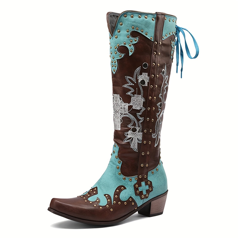 [Vintage Floral Cowboy Boots] Vintage Floral Embroidered Women's Knee-High Cowboy Boots | Square Toe Chunky Mid-Calf Heel, Turquoise & Brown PU Cover Western Boots with Rubber Sole, All-Season Casual Wear