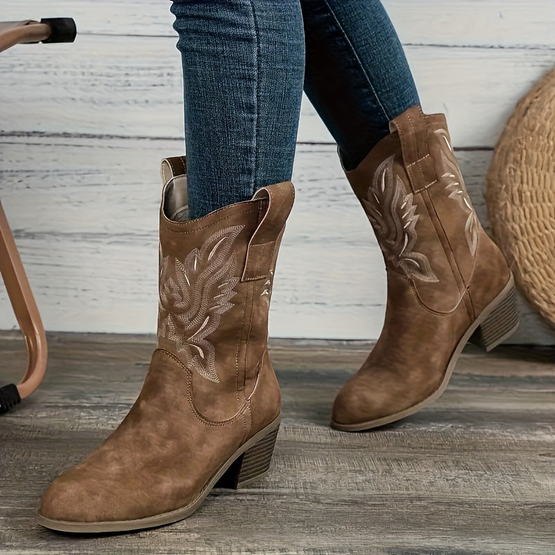 MagiMoBo Women's Western Slip-On Mid-Calf Boots - Pointed Toe Chunky Heel with Floral Embroidery, Synthetic Cover & Rubber Sole, All-Season Casual Boots for Jeans & Dresses, Stylish Footwear, Embellished Footwear, Detailed Em
