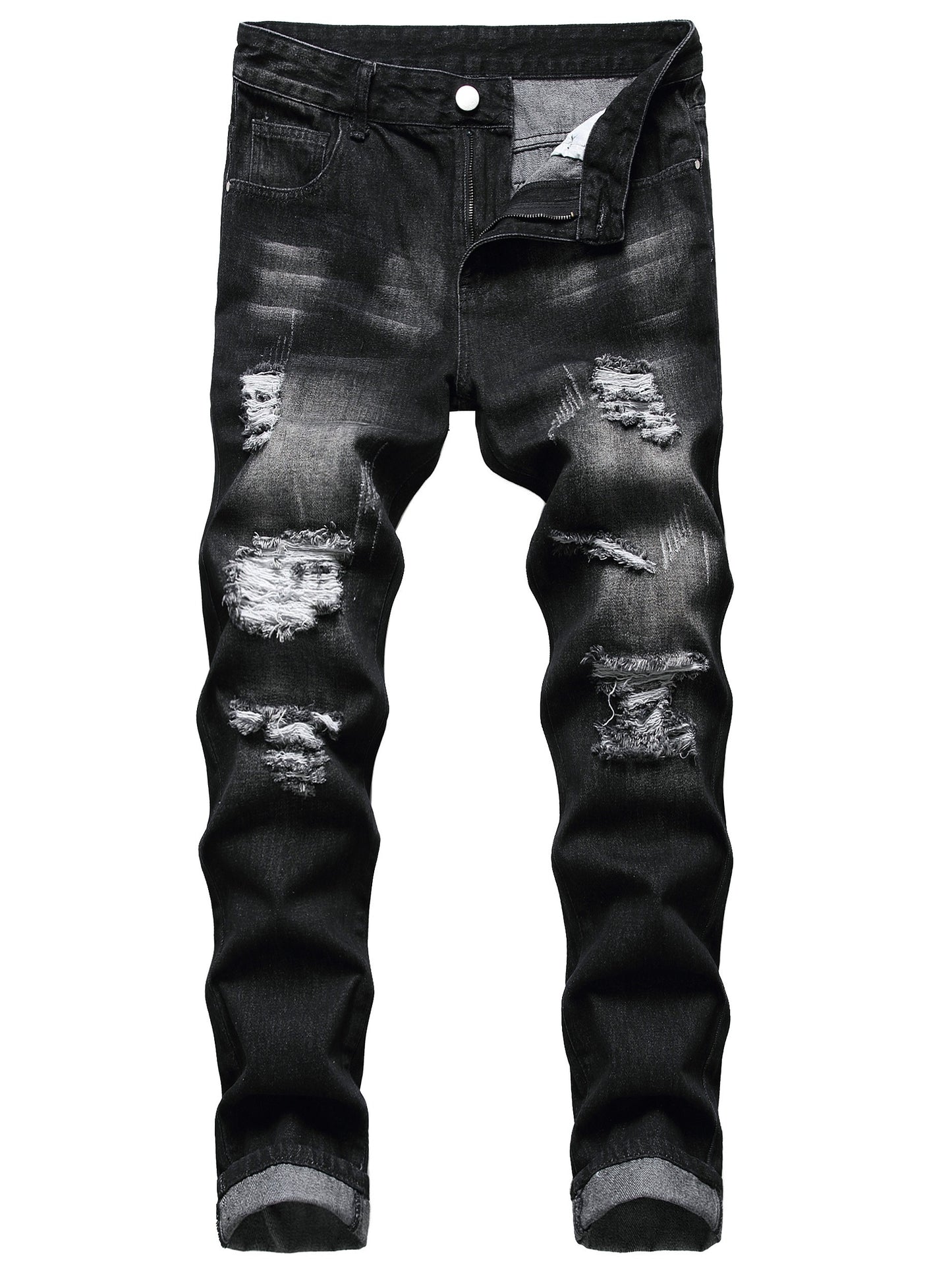 Mens Ripped Jeans, Distressed Destroyed Slim Fit Straight Leg Denim Pants