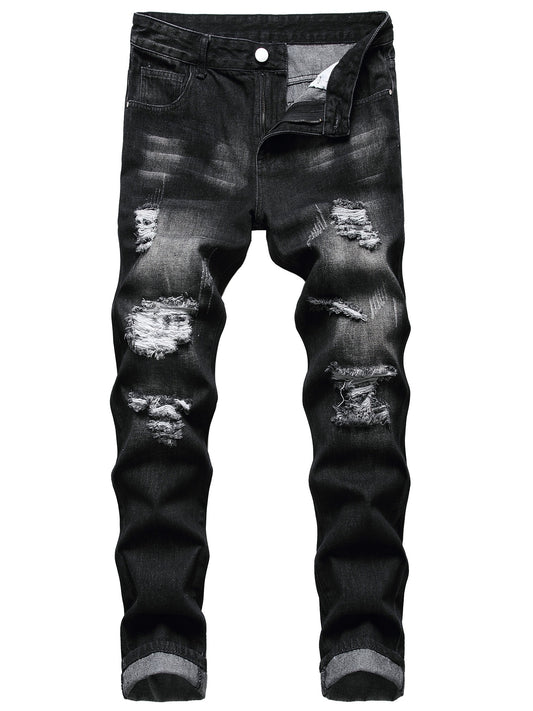 Mens Ripped Jeans, Distressed Destroyed Slim Fit Straight Leg Denim Pants