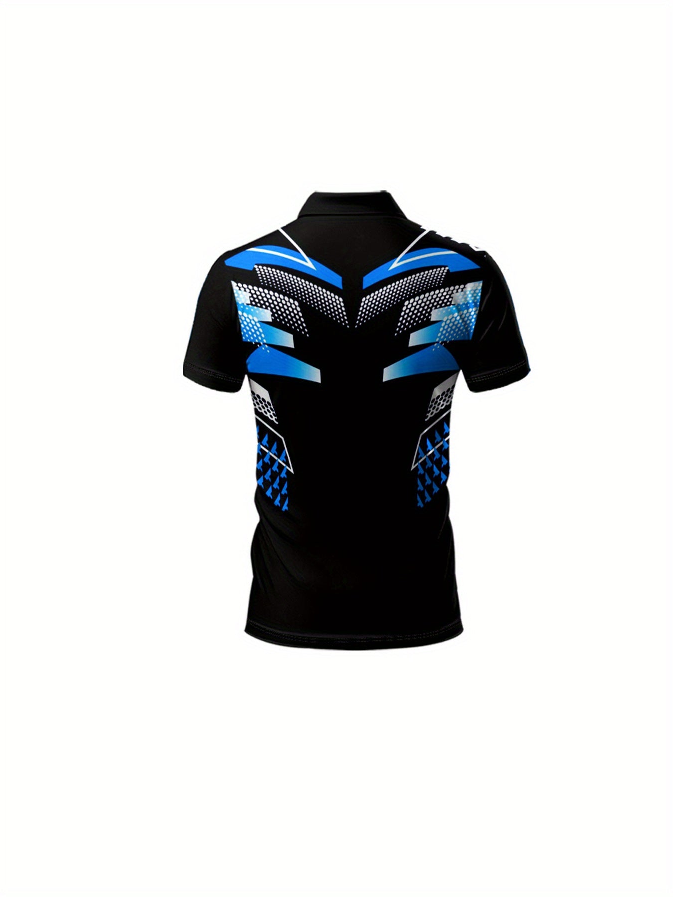 Men's Lightweight Breathable Sporty Motorcycle-Inspired Geometric Print Shirt - 100% Polyester Regular Fit Short Sleeve, Black with Blue Accents for Golf, Tennis, Casual Outings & Daily Wear | Summer Activewear, Tennis Appare