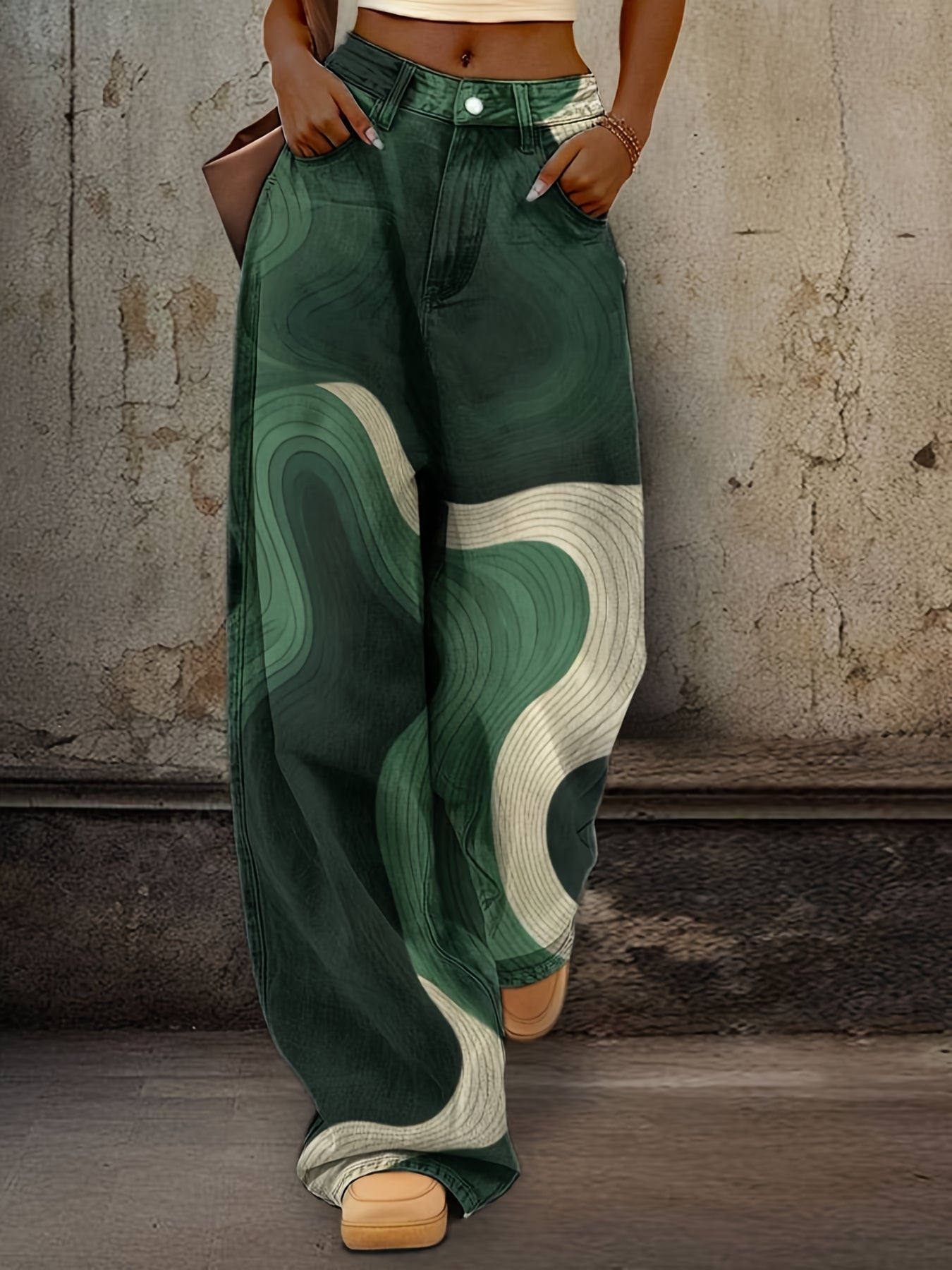 1 Pair of Women'S Denim High Waist Loose Pants, Casual Style, Creative Wave Stripe Print, Polyester Fabric, Regular Fit Loose Jeans for Adults, Suitable for All Seasons