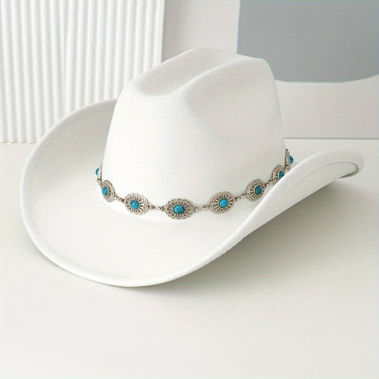 [Vintage Bohemian Cowgirl Hat] Vintage Bohemian Cowgirl Hat - Unisex Western Top Hat with Turquoise Belt Strap & Feather Accents, Durable Outdoor Fashion Accessory for Women & Men