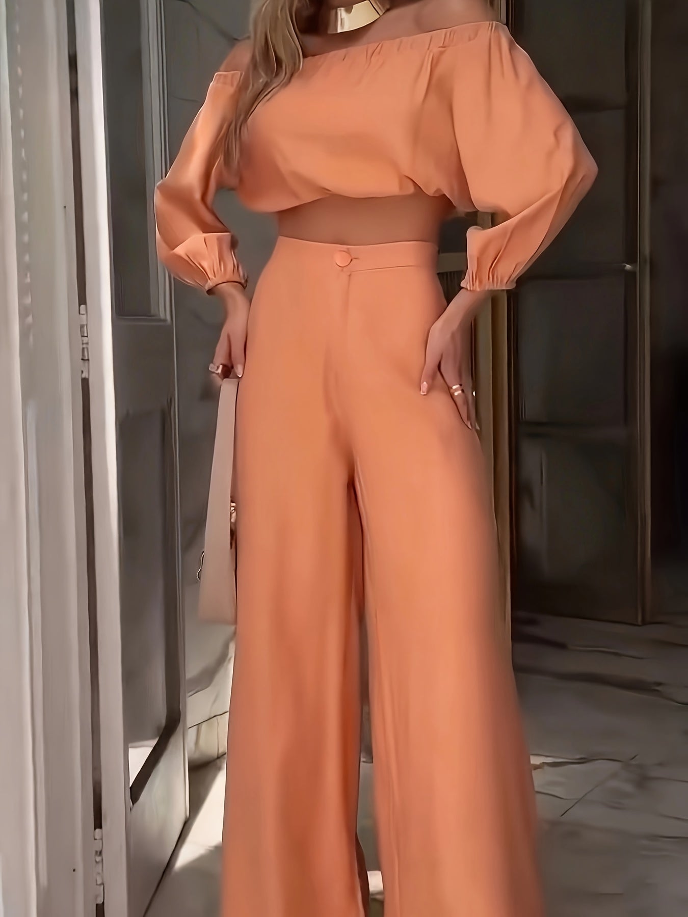 European and American Style Spring/Autumn One-Shoulder Short Top High-Waisted Wide Leg Pants Set Casual Fashion Two-Piece