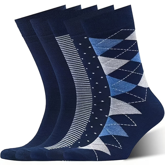 5 Pairs Men's Mid-Calf Socks - Casual Geometric Pattern, Navy Blue with White & Light Blue Stripes & Triangles, All-Season Comfort, Polyester Blend, Hand Wash Only, Casual Socks | Geometric Sock Design | Knit Texture