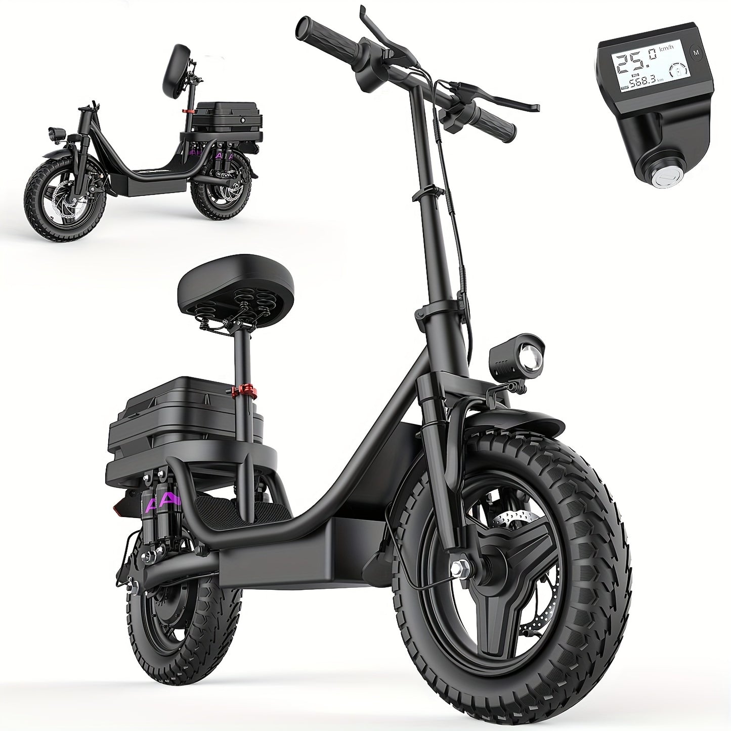 740W Electric Scooter for Adults with Seat - 25-Mile Range, 20Mph Top Speed, Foldable Design, 10" Shock Absorption, 14" High Quality Tires & Dual Disc Brakes - Carbon Steel Frame, Dual Power Source (Battery/US Plug) - Ideal f