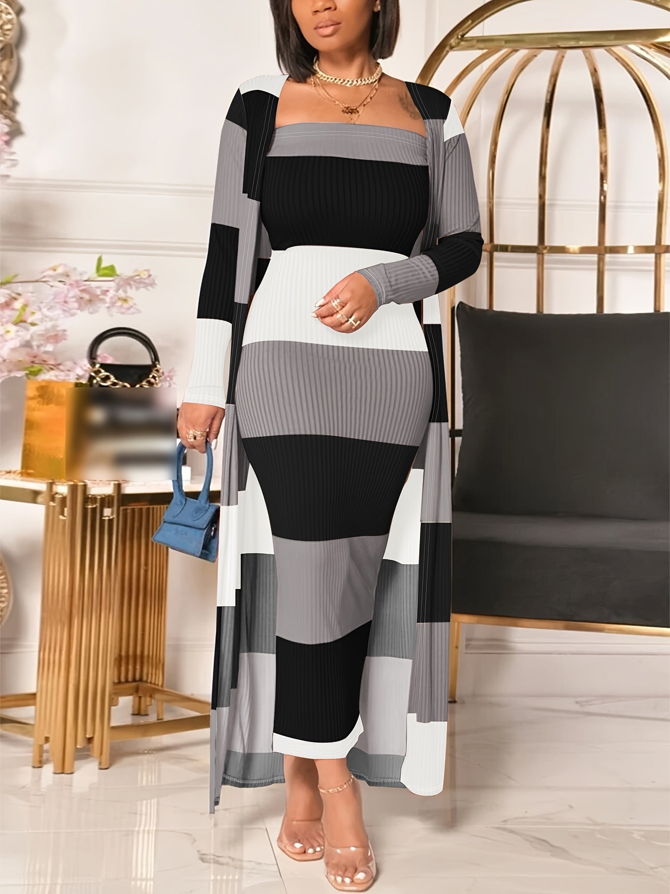 Plus Size - Plus Size Women'S Striped Tube Dress + Jacket Two-Piece Set - Black & White Stripes, Ribbed Fabric, Long Sleeve, Loose Fit, Stretchy Polyester Blend, Perfect for Spring & Fall