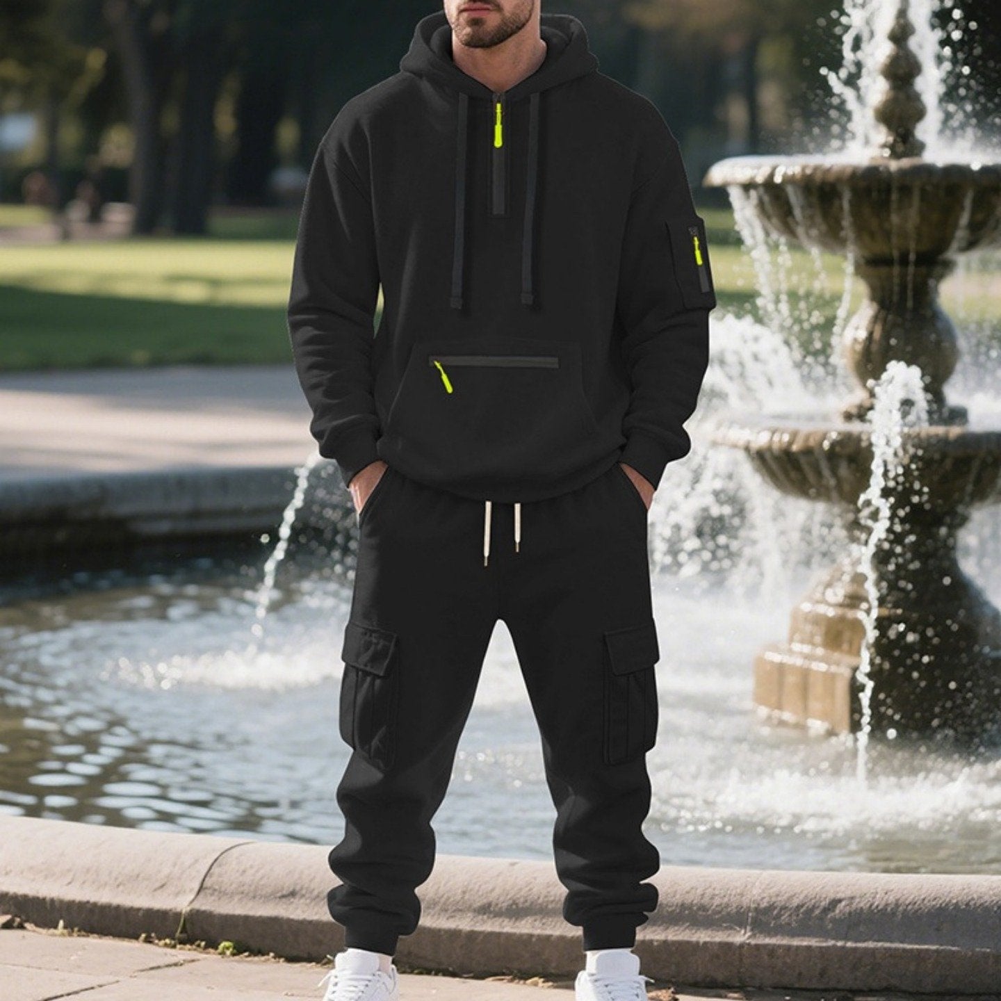 1 Set 2pcs Men's Athletic Casual Tracksuit - Fleece Lined Hooded Long Sleeve Pullover Sweatshirt & Pocketed Sports Pants, Warm Fleece Lining with Breathable Fabric, Perfect for Daily Wear, Outdoor Activities, Home Leisure - M