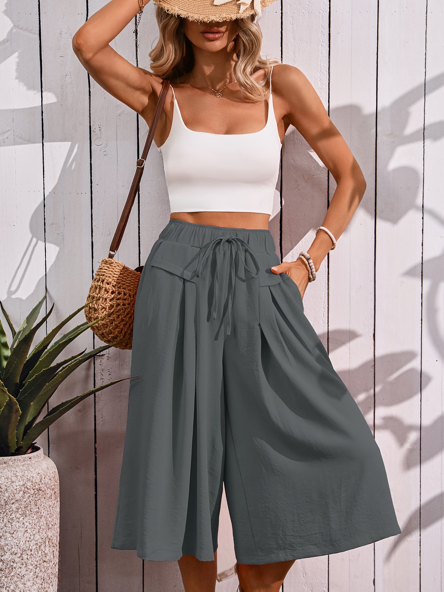[Flowy Cropped Pants] High Elastic Wide Leg Womens Casual Flowy Cropped Pants | Drawstring Culottes