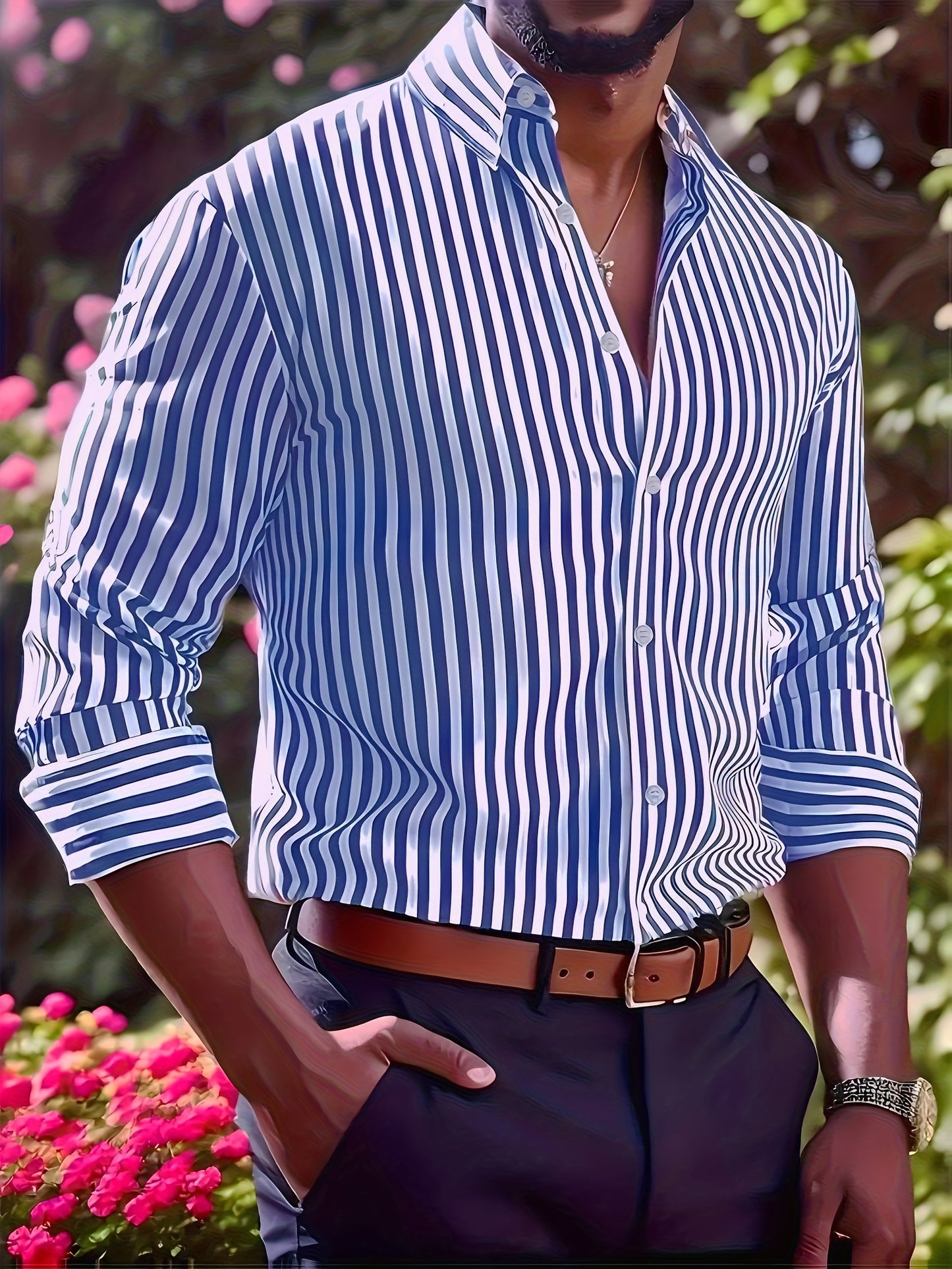 Men'S Long Sleeve Dress Shirt - Classic Button-Up Formal & Everyday Shirt, Easy-Care Button Front Placket, Office, Wedding, Party Attire - Autumn/Winter Clothing for Men, Office Attire, Striped Pattern, Comfortable Fit, Versa