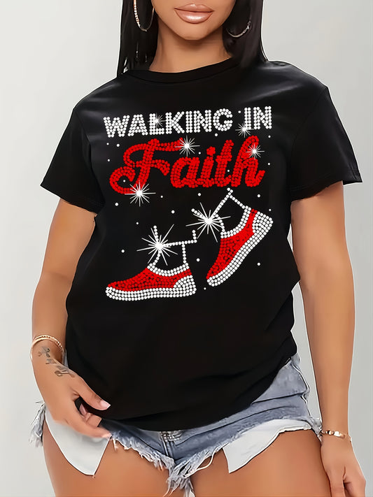 [Sparkling Inspirational Letter Print Tee] Dazzle Casual, Sparkling Rhinestone Letter Print T-Shirt for Women - Casual Crew Neck, Short Sleeve, Inspirational Faith Graphic Tee