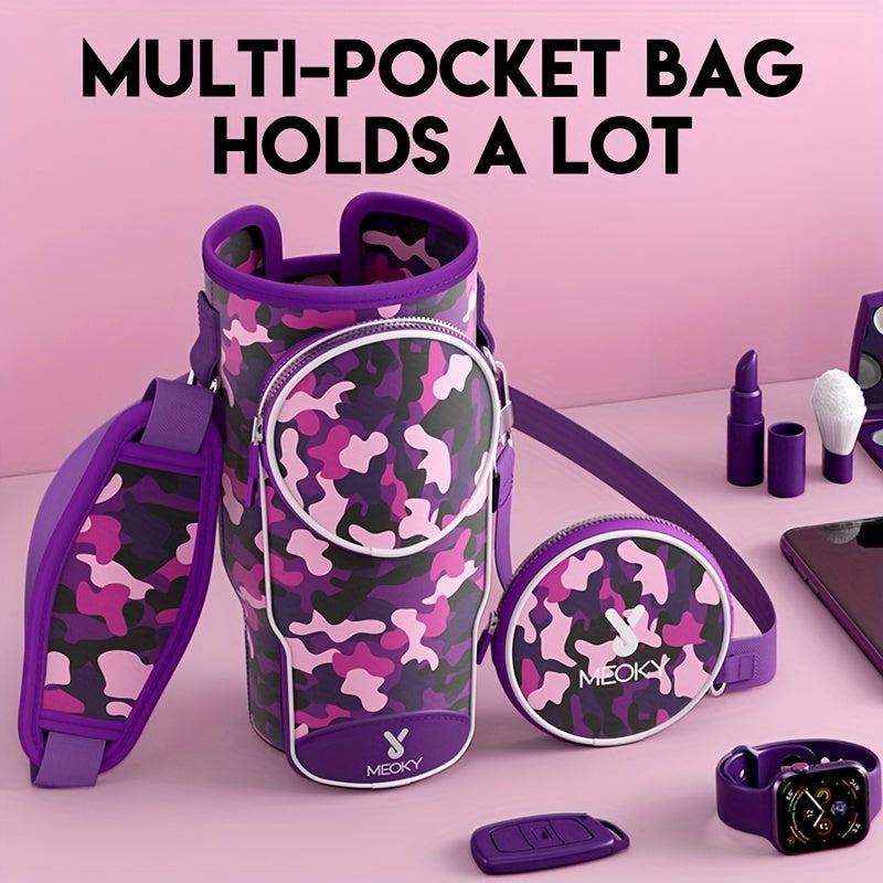 Meoky 1pc Water Bottle Carrier Bag With Phone Pocket For 40 Oz Tumbler With Handle, Neoprene Water Bottle Holder Pouch With Adjustable Strap, 2 Carabiner Clips