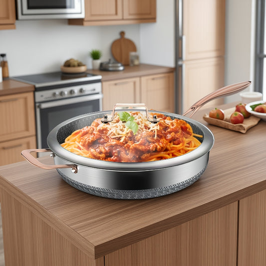 Heavy-Duty Commercial & Home Use - 11-Inch Stainless Steel Wok Fry Pan with Lid - Non-Stick Cookware, Induction & Gas Stove Compatible, Even Heat Distribution - Ideal for Stir-Fry, Pasta, Deep Frying, Searing - Durable Kitche