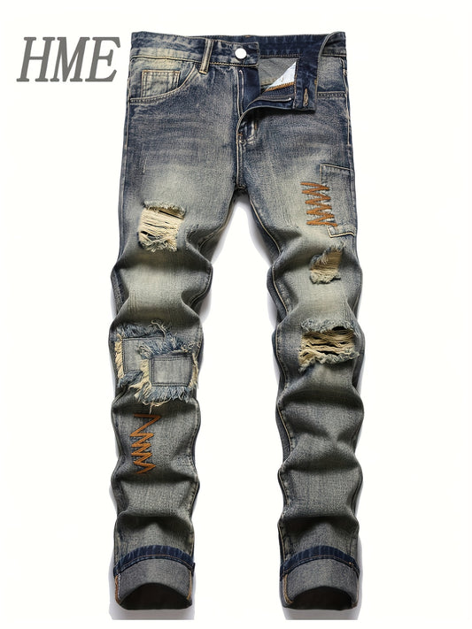 Retro Blue Embroidered Straight-leg Faux Denim, Slim Fit Stretch With Patched Rips