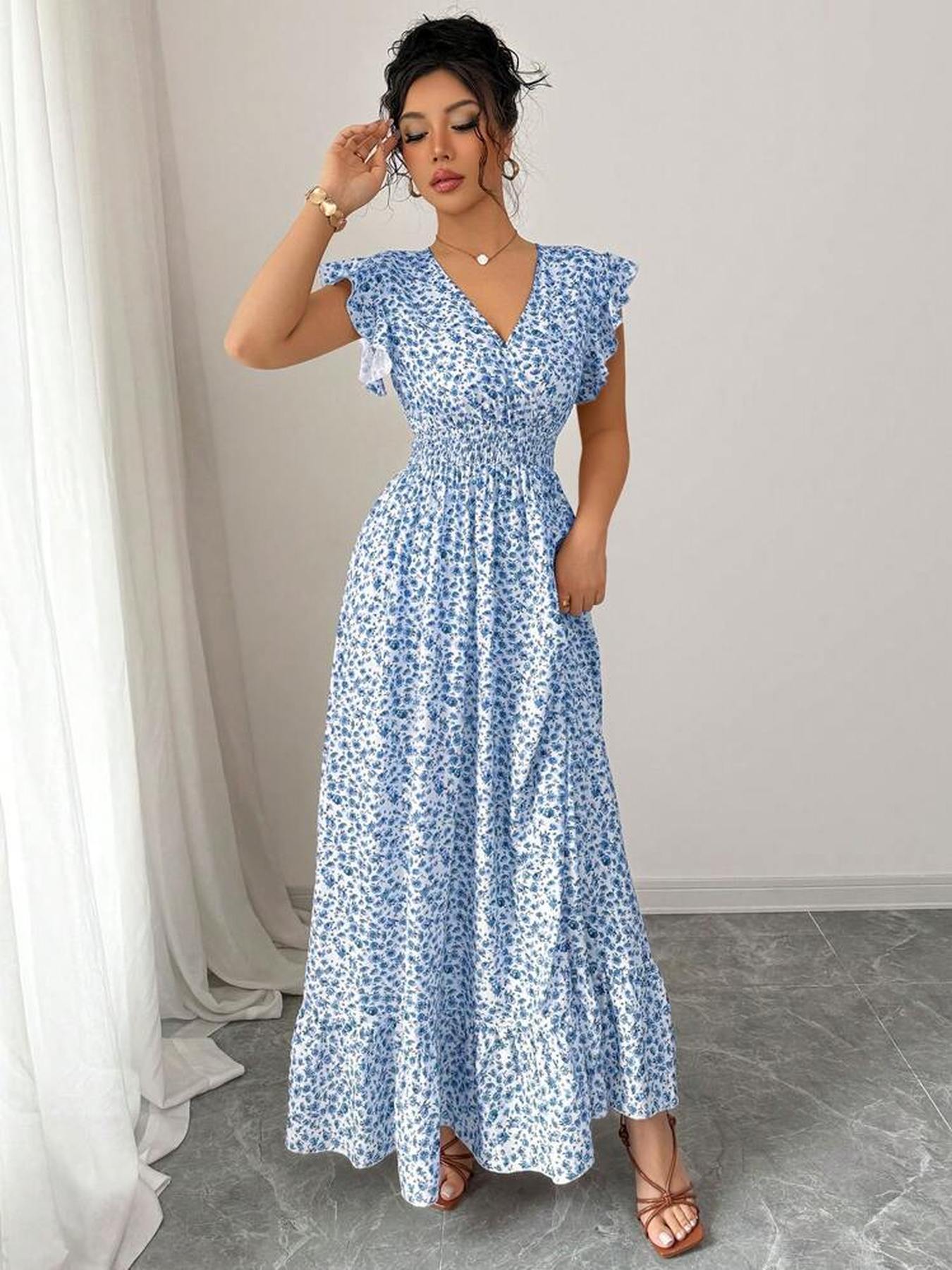 [Elegant Floral Dress] Elegant Floral Print V-Neck Dress with Ruffle Sleeves | Long Sleeveless A-Line Dress for Women - Blue, Perfect for Spring/Summer/Fall, Casual to Formal Wear