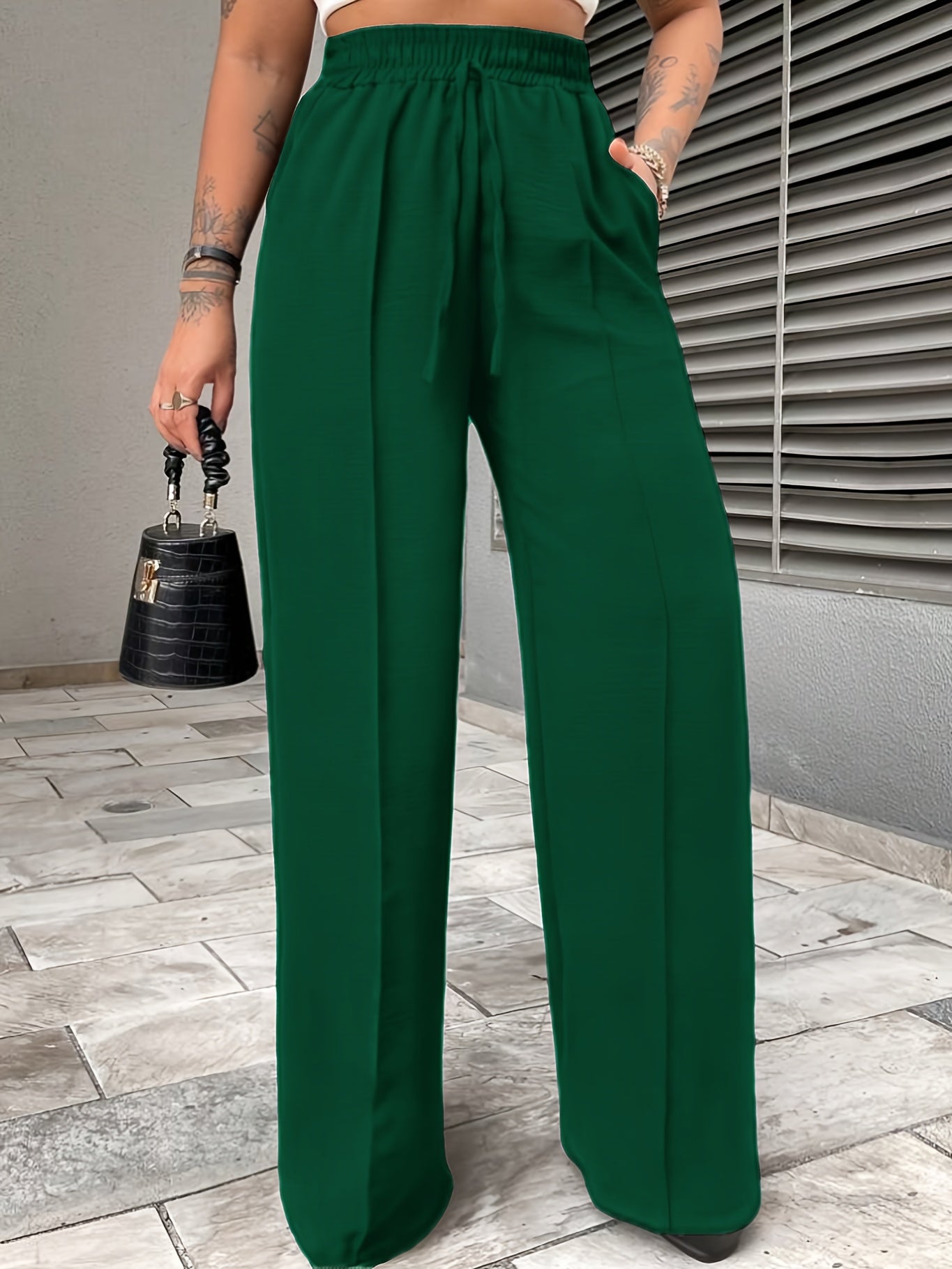 Elegant Middle-Eastern Polyester Straight Leg Pants 95% Polyester 5% Elastane Solid Color with Faux Drawstring Detail Spring/Fall Collection for Women - Woven Fabric, Comfort Fit Lounge Trousers with Pockets
