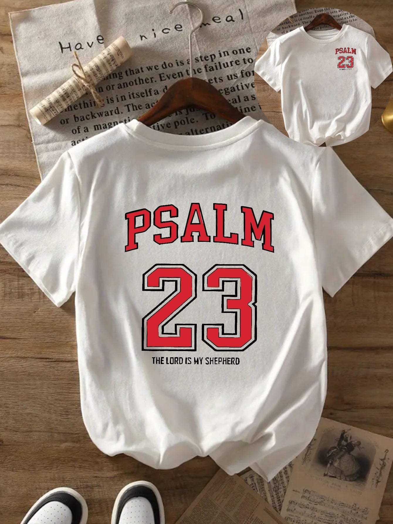 Black with Red Lettering Psalm 23:5 Print Women's Casual T-Shirt - Comfortable Crew Neck, Short Sleeve, Classic Summer Top for Casual Attire, Faith Inspired Apparel | Durable Casual wear, Ladies T Shirts