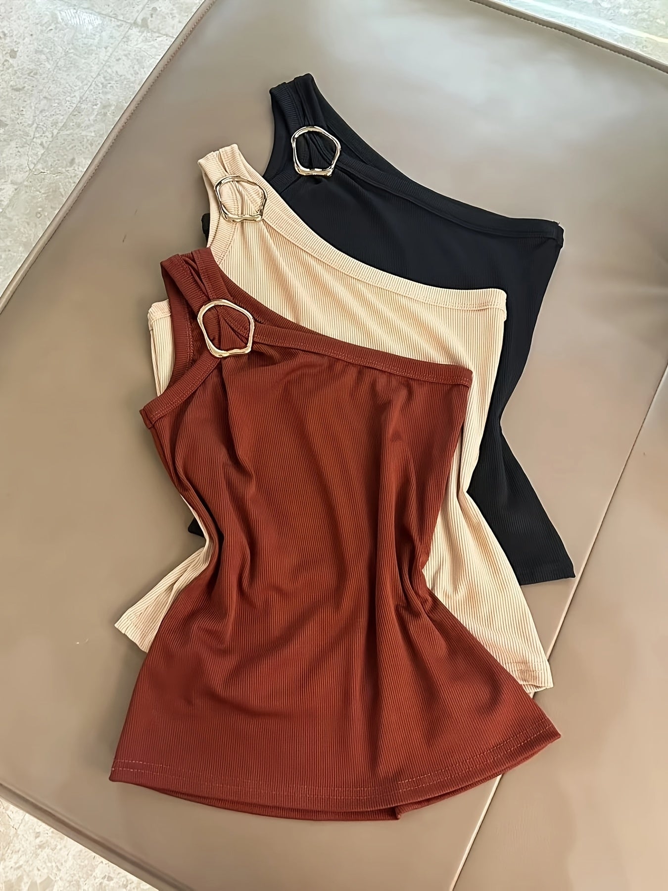 Summer Sexy Slim-Fit Design Metal Buckle Pullover Vest Three-Piece Set