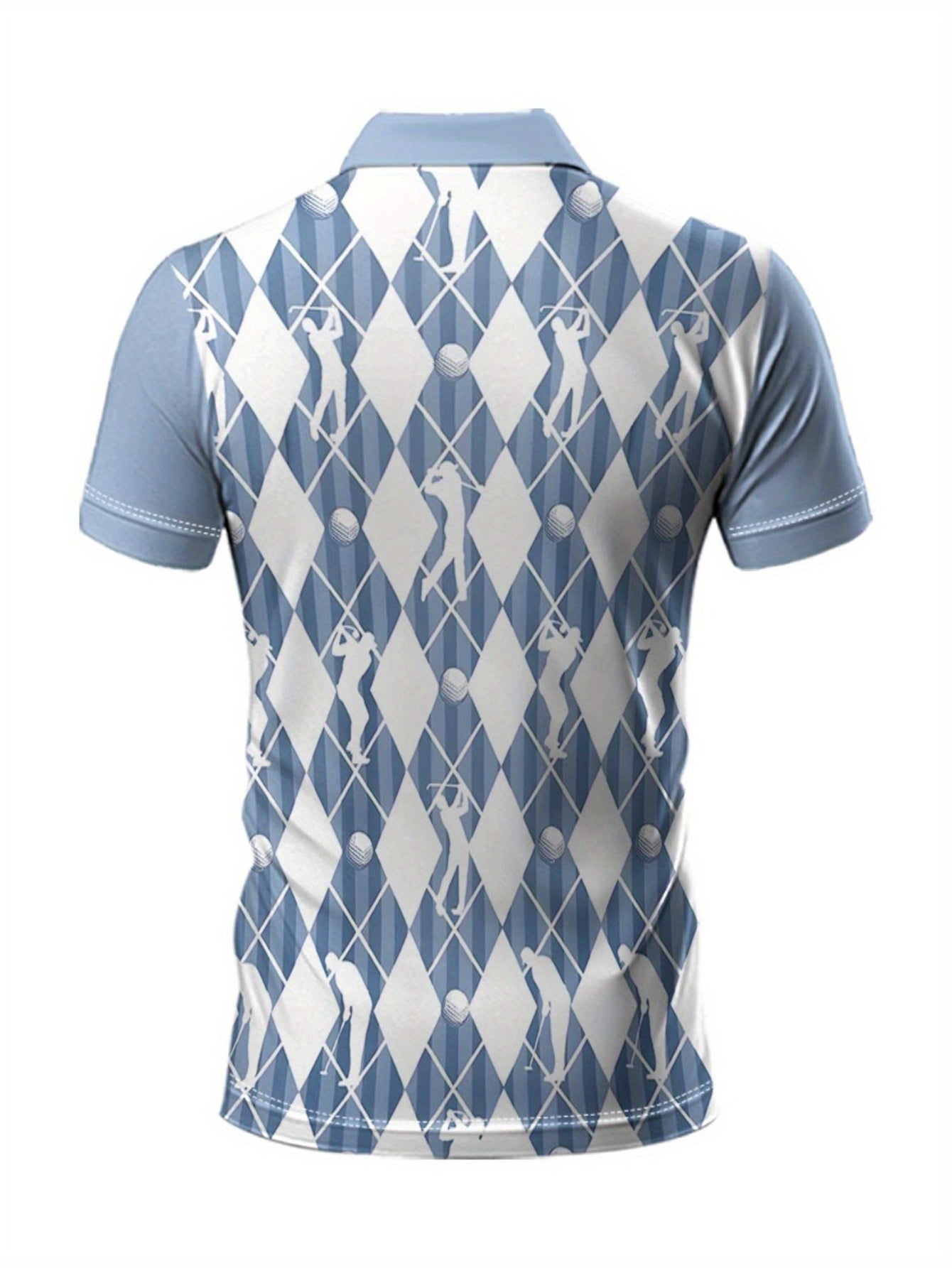 Men'S Stylish Diamond Grid & Golf Swing Print Short Sleeve Shirt - Light Blue & White Collar, Regular Fit Casual Sports Top for Spring/Summer Outdoor Activities