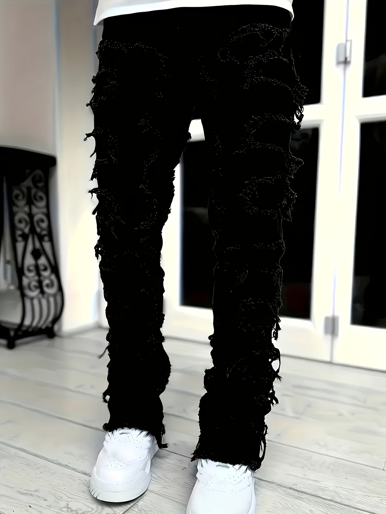 Men's Stretch Skinny Jeans - Slim-Fit Distressed Frayed Hem Pants, Mid-Rise Waist & Tapered Cuff, Non-See-Through All-Season Jeans for Everyday & Formal Outfits - Machine Washable Denim-Like Pants, Formal Outfit Jeans, Casual