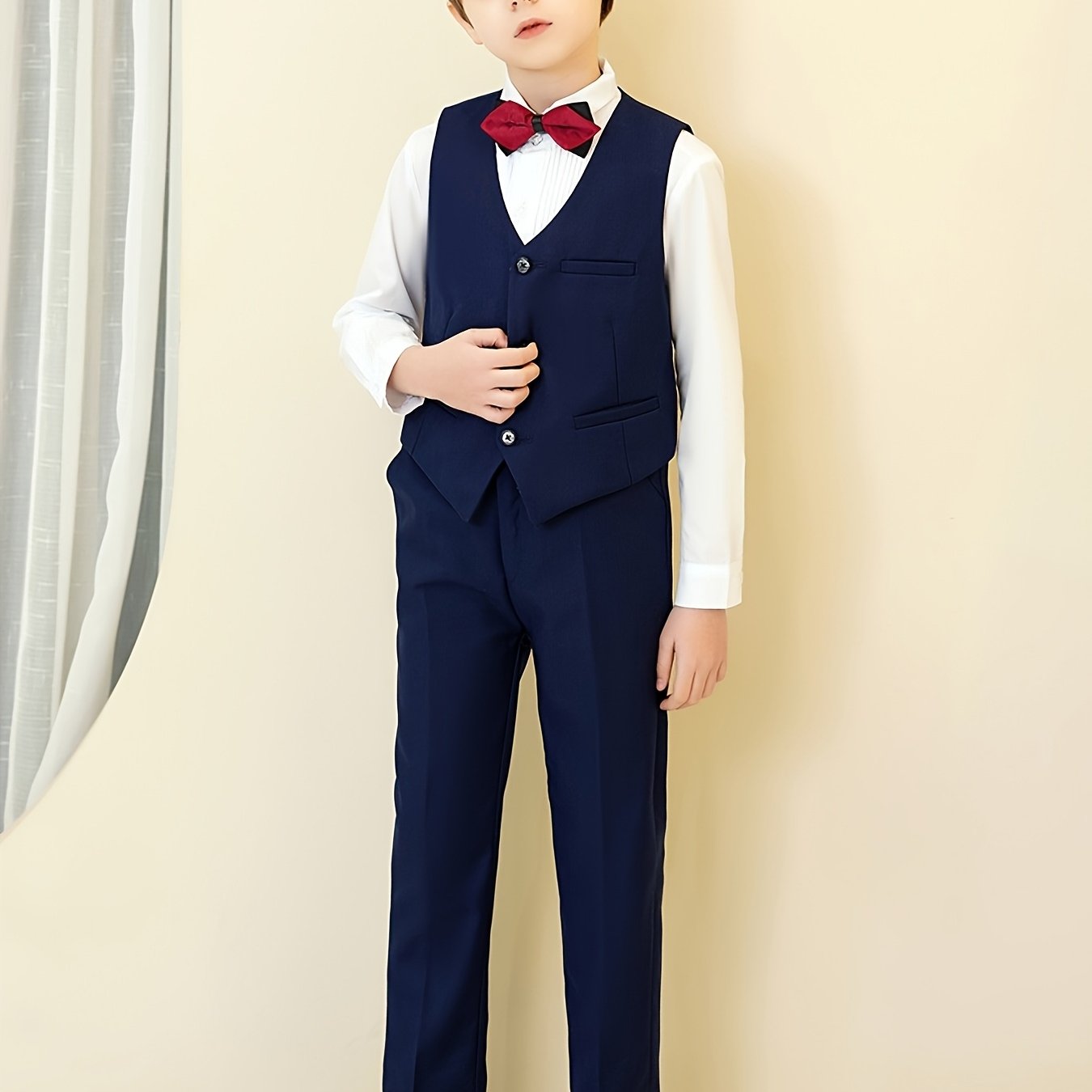 Furuyal Boys' 4pcs Formal Suit Set Vest Pants Collared Dress Shirt And Tie Boys' Suit Size 6-16Y Boys Suits Suitable For Music Festival Graduation Season Party