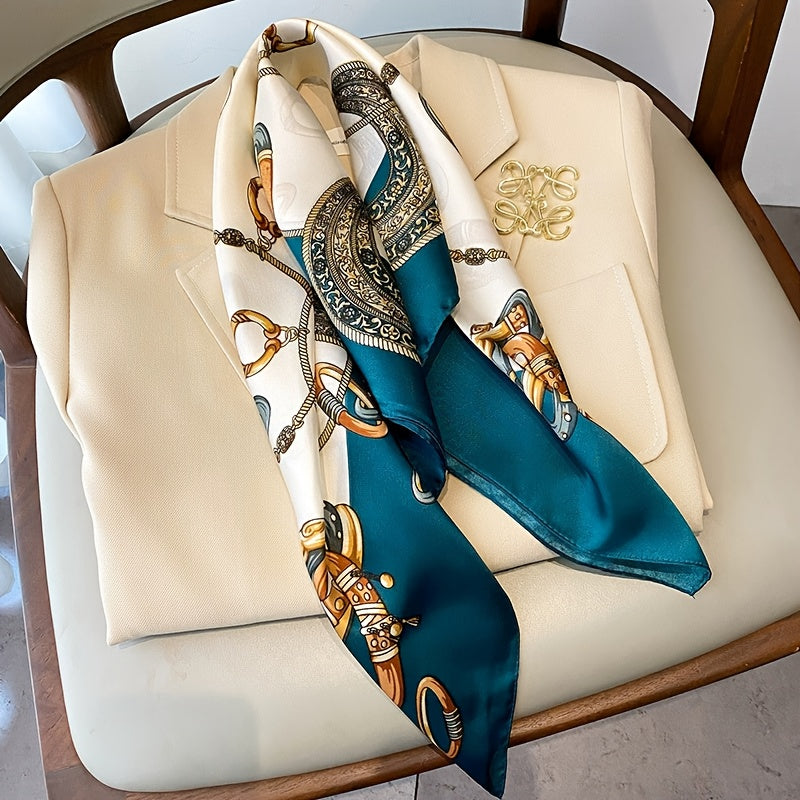 [Sun-Protective Scarf] Women's Elegant Luxury Scarf - 27.5" Large Square Handkerchief with Golden-Tone Metallic Accent, Soft Pastel, & BrownGolden - Breathable, Sun-Protective Fashion Accessory for Casual Outings & Formal Eve