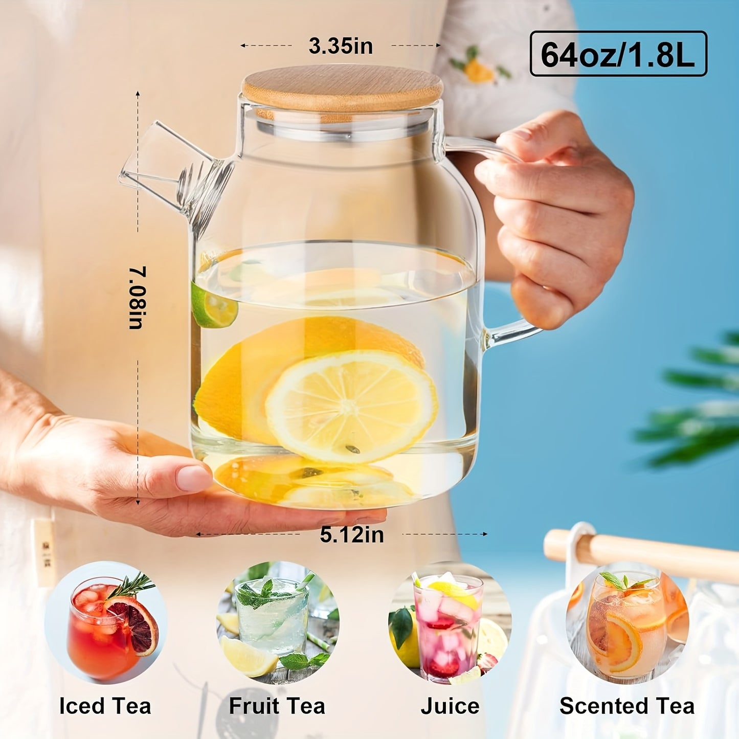 1000/1800ml Glass Water Kettle, Suitable for Stove, with Removable Strainer Mouth, Equipped with Spout, Lid and Handle, Suitable for Brewing Loose Leaf and Herbal Tea, Can Hold Juice, Milk, Beverages, Transparent Hot and Cold