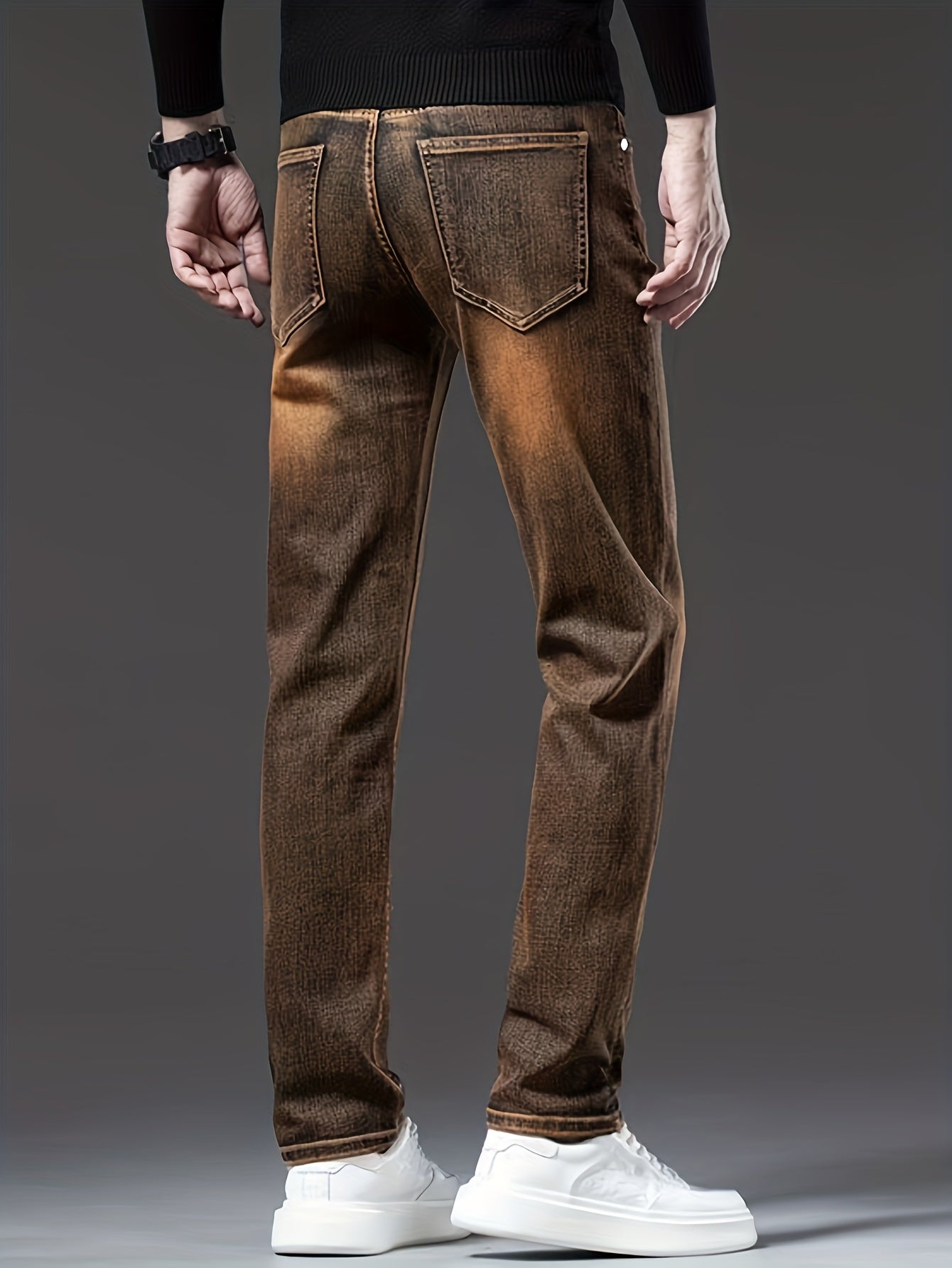 Men's Slim Fit Stretch Denim Jeans - Dark Brown, All-Season Wear, Cotton Blend, Machine Washable, Classic Design with Pockets, Versatile for Casual or Formal Occasions