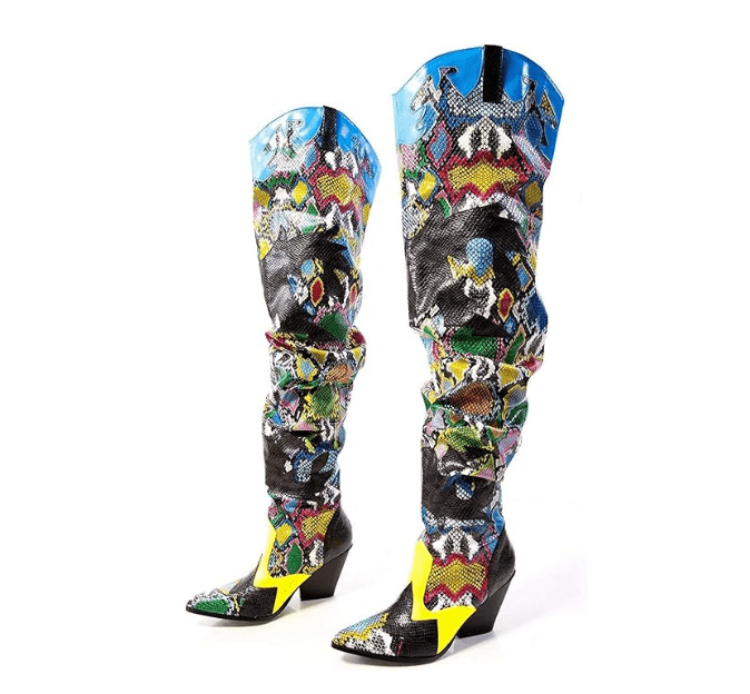 HILDA Colorful Snakeskin Over-the-Knee Boots – Chunky Low Heel Western Style