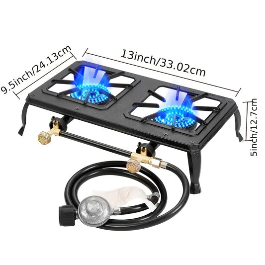 2-Burner Outdoor Propane Gas Stove - Cast Iron High-Pressure Cooker with Adjustable Legs & Built-in Lighter, Portable for Camping, Backyard Cooking, Home Brewing, Canning, Turkey Frying - Commercial-Grade Durability, Portable