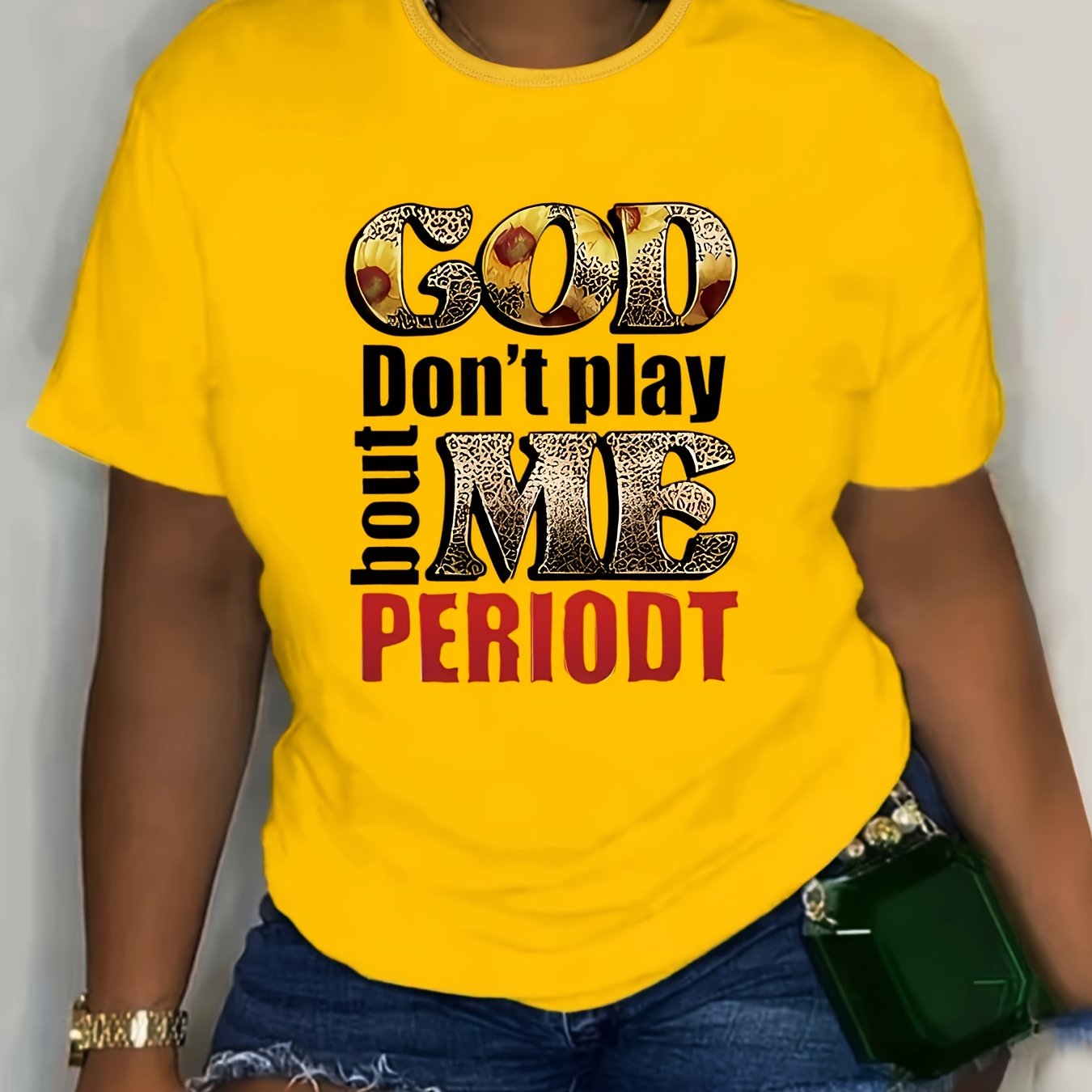 Plus Size Women's T-Shirt - "God Don't Play with Me" Graphic, Yellow Polyester Blend, Short Sleeve, Round Neck, Machine Washable