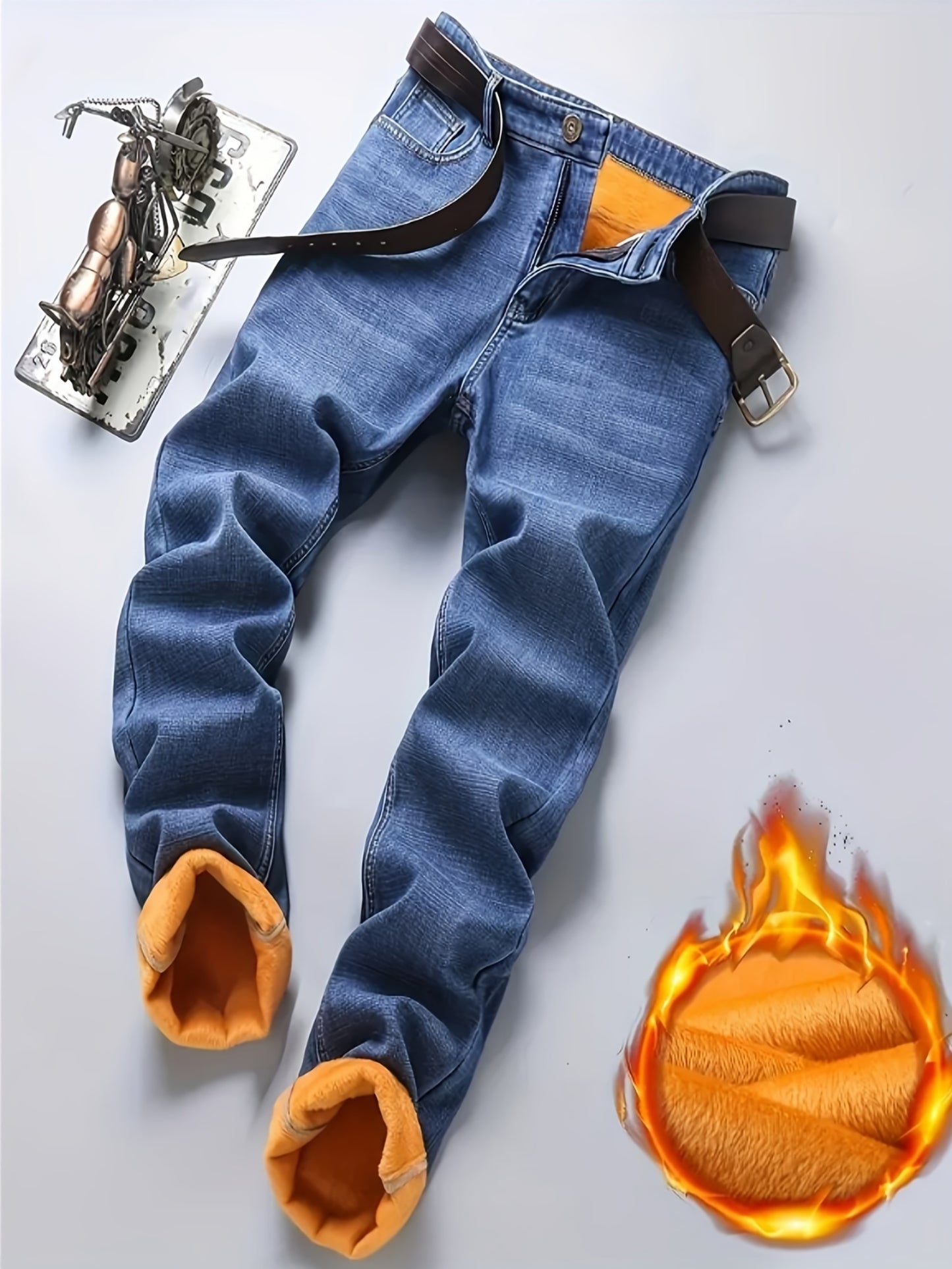 HME Men's Thermal Insulated Fleece-Like Faux Denim - Heavy-Duty Winter Pants with YKK Zipper Closure, Mid-Rise Straight-Leg Fit, Windproof & Cold-Resistant Faux Denim Trousers for Business Casual & Casual Attire, Classic Blue