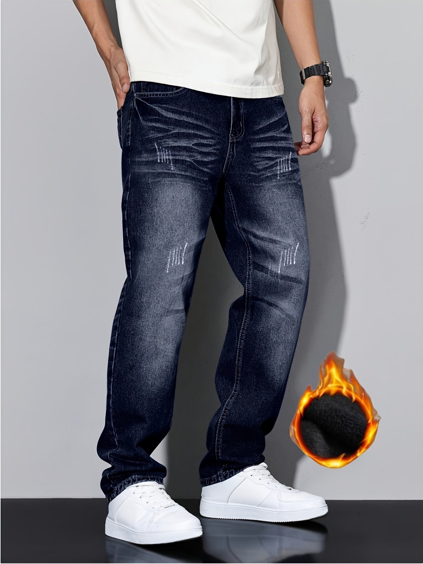 HME Men's Heavy-Duty Winter Fleece Jeans - Thickened Insulated Denim Pants with YKK Zipper Closure, Machine Washable, Mid-Stretch Straight-Leg Fit, Heavy Wash Distressed Look & Fleece Lining for Cold Weather - Casual & Formal