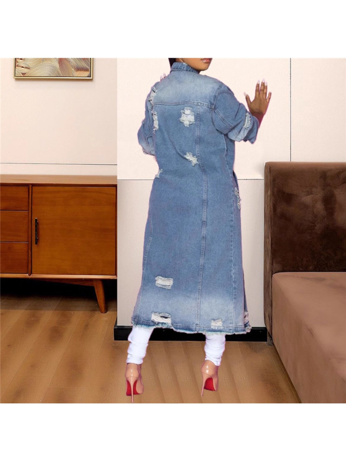 Women's Vintage Distressed Denim Jacket with Lapel Collar & Ripped Hem - Light Wash Blue Mid-Length Coat, Structured Fit, Machine Washable, Spring/Fall/Summer Casual Outerwear, Light Blue Washed Denim Coat with Button Front C