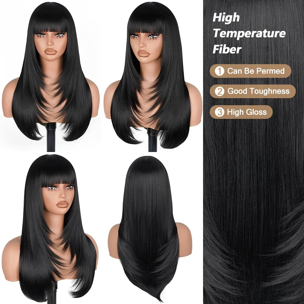Long Straight Layered Wig with Bangs Glueless Natural Black Synthetic Bangs Wig 26 Inch Put On and Go Wigs High Temperature Fiber Pixie Cut Layered Wig for Women Daily Use
