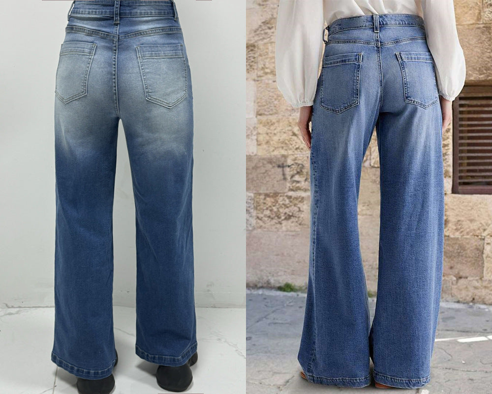 [Vintage High-Waisted Jeans] 1pc Women's High-Waisted Wide-Leg Jeans | Vintage Light Wash with Faded Details, Casual Loose-Fit Trousers Featuring Classic Belt Loops & Pockets, Stylish Full-Length Bottoms for Daily Streetwear,