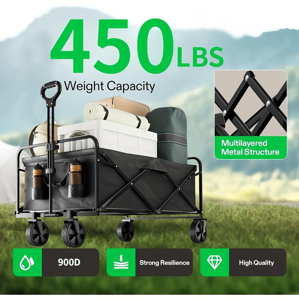 1pc 30" Heavy-Duty Collapsible Shopping Cart with All-Terrain Wheels - Foldable Utility Wagon for Beach, RV Storage, Sports, and Camping, Black Mesh & Durable Fabric Construction, Beach Wagon Cart