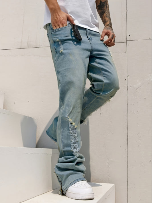[HME]Men's Slim Fit Distressed Denim Jeans: Casual Washed Light Blue Straight-Leg with Rips & Zippers, Comfortable Stretch Fabric. All-season, Fits Casual Wear, Business Casual & Office. Pairs with White Tees, Shirts. Stretch