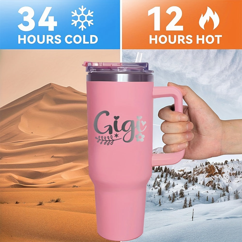 40oz GIGI Stainless Steel Travel Mug with Handle and Straw, Insulated Vacuum Tumbler, Reusable Hot and Cold Beverage Cup, Ideal for Grandkids, Parties, Halloween, Thanksgiving, Christmas, Birthdays - Black, White, Pink