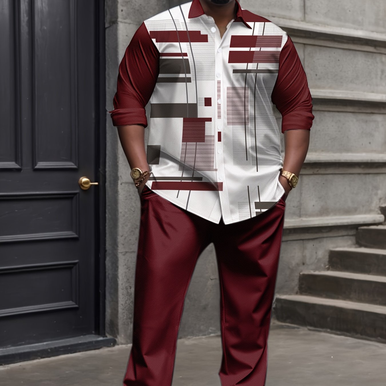 [Plus Size Suit Set] Men's Plus Size Suit - Stretch Long Sleeve Button-Up Shirt & Pants Set | Retro Geometric Check Pattern, V-Neck Lapel Design, Loose Fit for Casual & Formal Wear, Plus Size Blazers