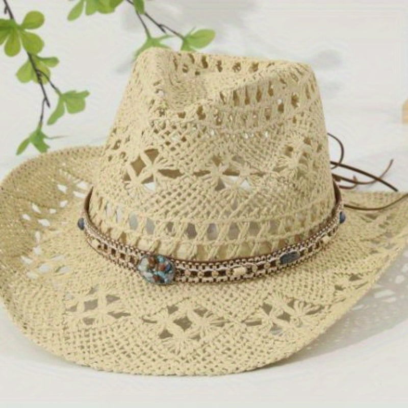 Women'S Western Cowgirl Hat with Belt - Wide Brim, Lightweight Stretch Fit for Beach, Outdoor, Casual - All-Season Western Style with Brown Belt - Perfect for Cowboy, Ranch, or Everyday Chic Looks, Cowboy Hat, Outdoor Headwea