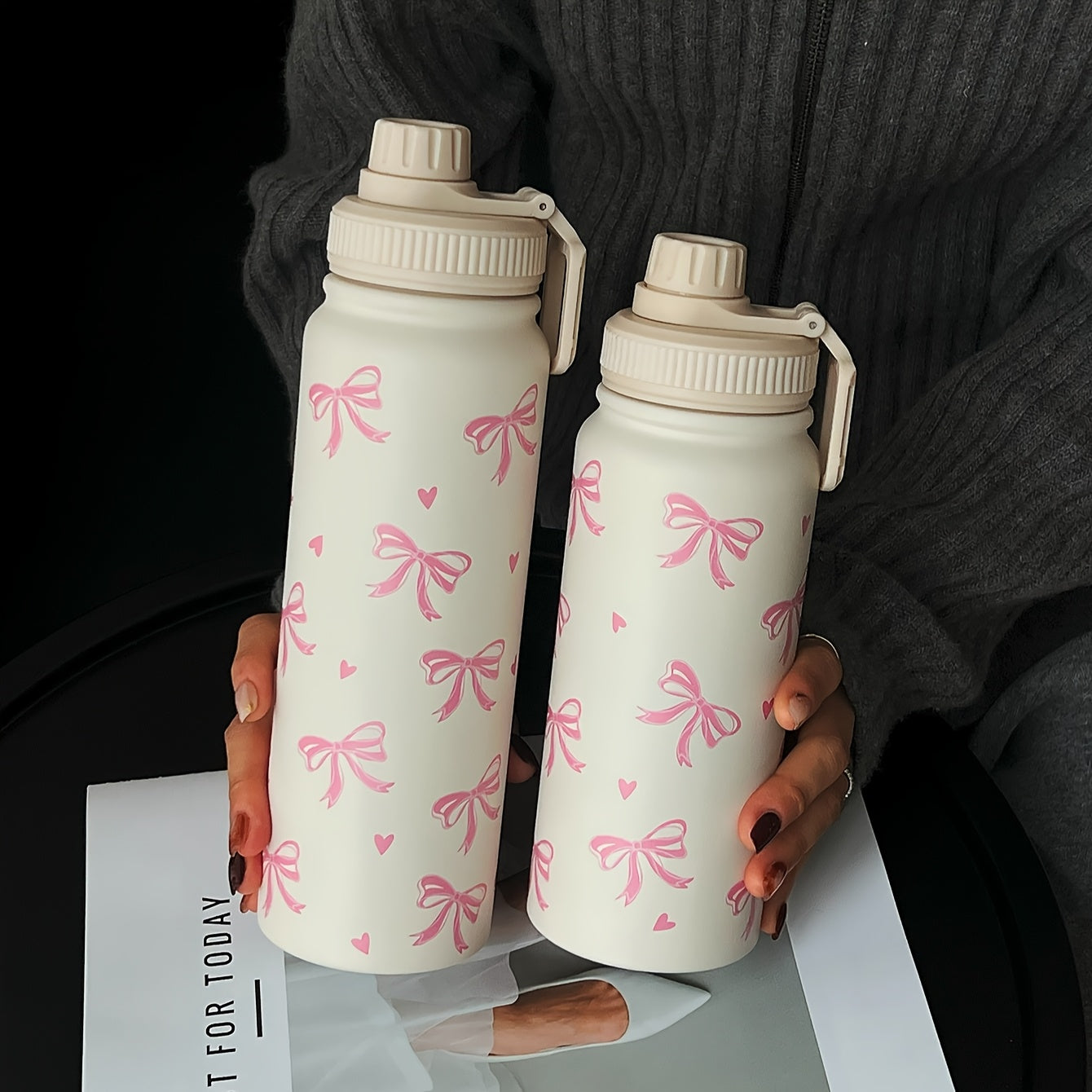 1pc 600ml/800ml/1000ml Pink ins style large bow double-layer stainless steel thermal cup, straight drinking mouth large capacity water bottle, outdoor sports kettle, flat bottom cup, water cup, teapot, tea cup, fitness exerci