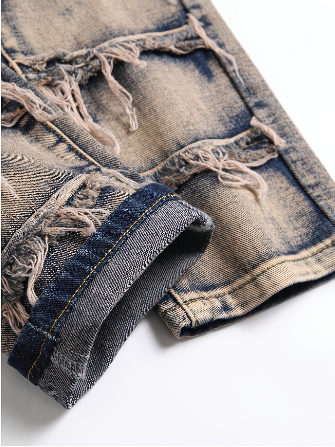HME Men's Heavy Washed Vintage Blue Jeans - 3D Fringe Hem & Tassel Details, Mid-Rise Stretch Slim-Fit Straight Leg with Inner Lining, All-Season Streetwear Denim Pants (Machine Washable)