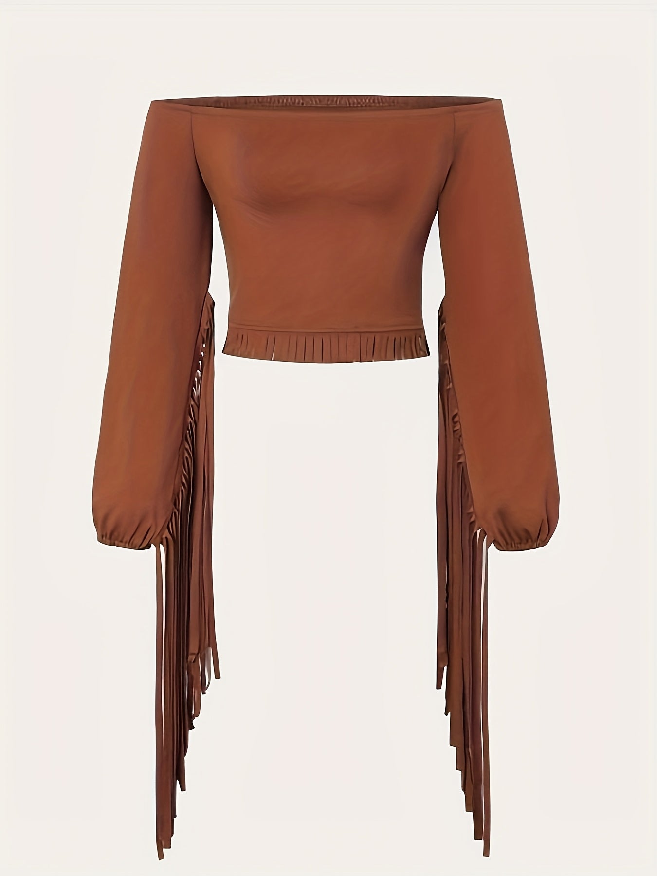 [Vintage Boho Western Top] Vintage Boho Western Off-Shoulder Top, One-Shoulder Fringe Cowboy Blouse, Tribal Print Vacation Long Sleeve Shirt