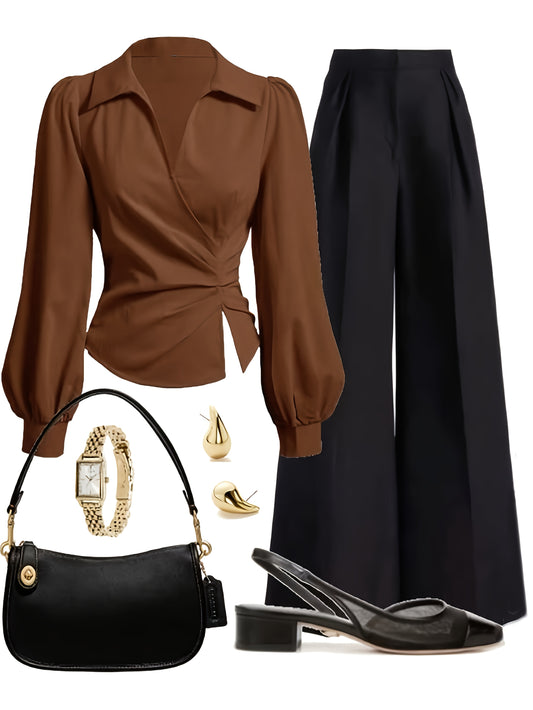 Elegant Office Outfit: Caramel-Colored Waist - Cinched Shirt + Black Draped Wide - Leg Pants, Retro And Graceful Style (Accessories Excluded), Professional Attire, Sophisticated Look, Highquality Fabric, Stylish Blouse, Fashi