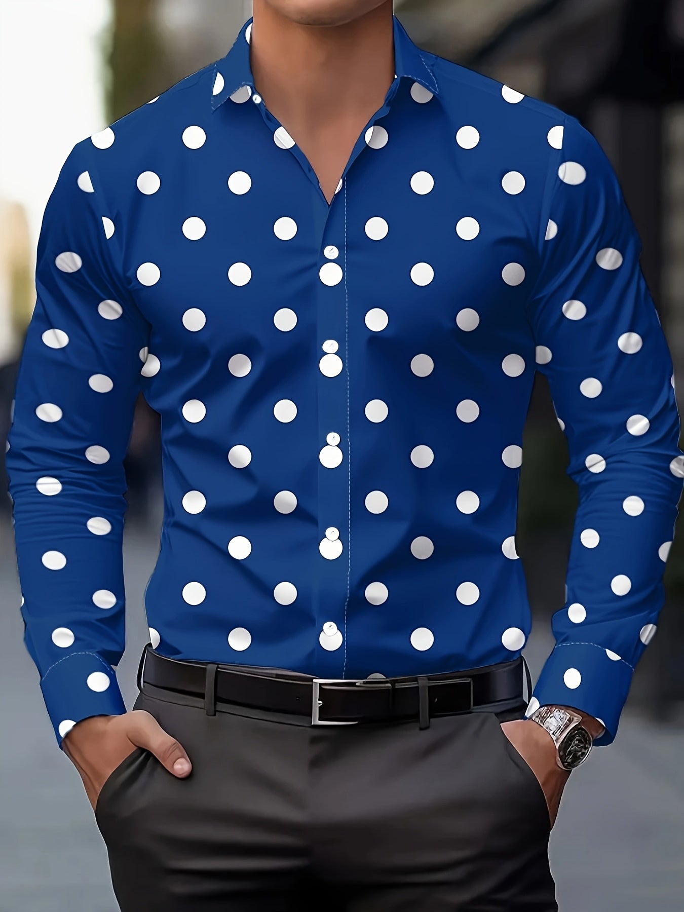 [Men's Casual Shirt] Men's Casual Shirt - Red & Black Polka Dot Print, Machine Washable Non-Elastic Fabric, Classic Button Front, Regular Fit Long Sleeve for Spring/Autumn Outdoor & Casual Wear, Seasonal Fashion, Straight Sle